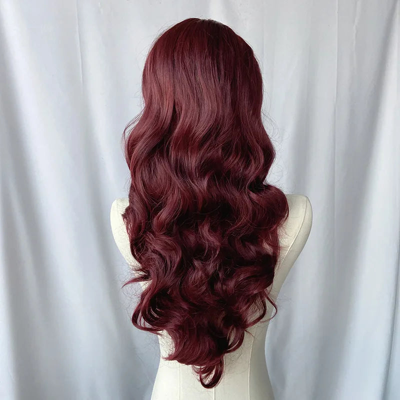 European and American Synthetic Wig Wine Red In Large Waves Long Curly Hair Women Fashion Daily Party Use Full Head Cover