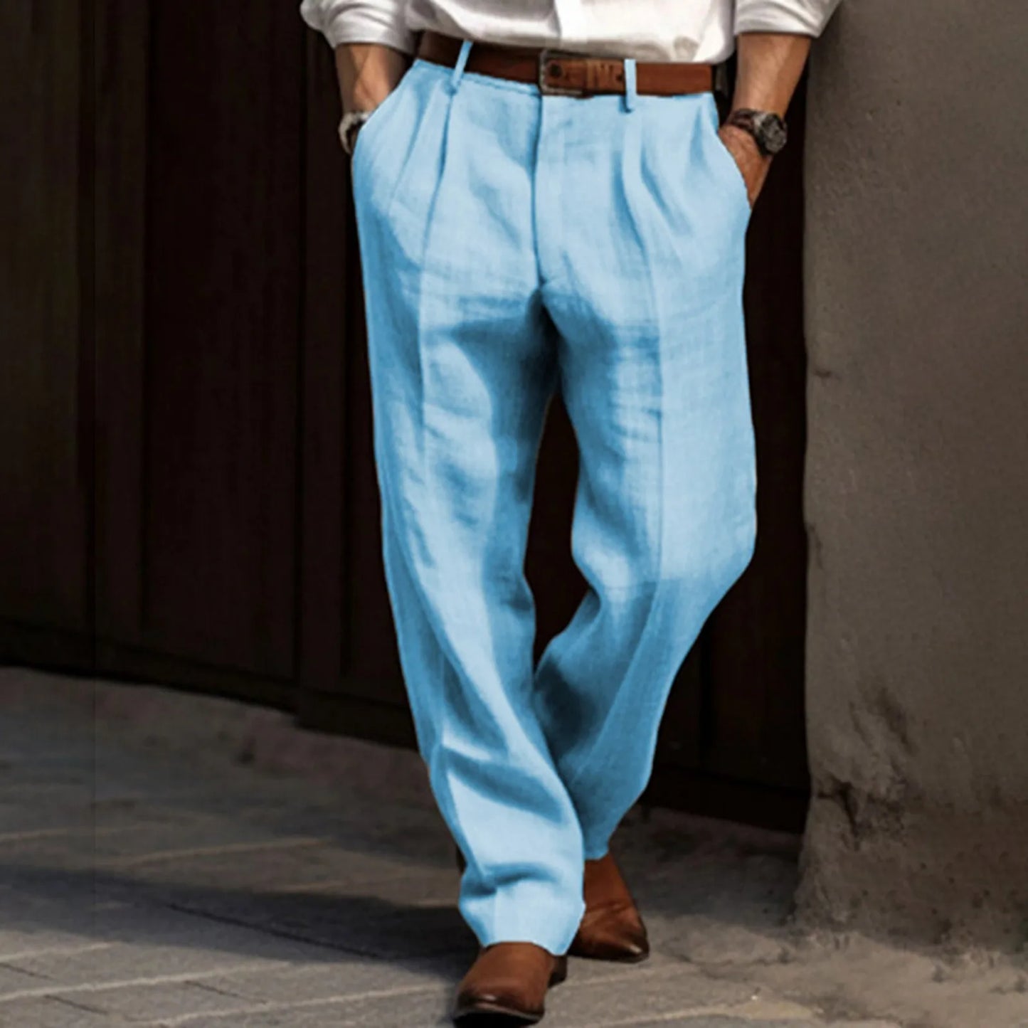 Man Pants Casual pantalones hombre Front Pocket Wide Leg Pants Elastic Waist Belt Loose Comfortable breathable Daily Pants