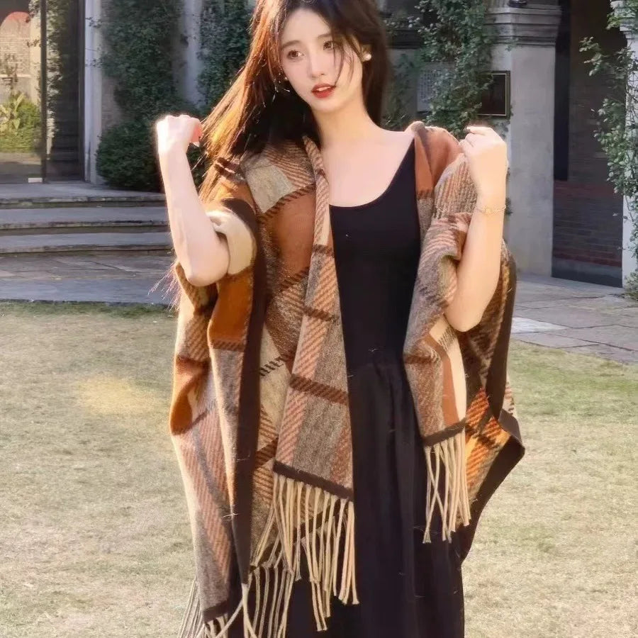 2024 Winter Women Faux Woolen Loose Tassel Shawl Capes Cashmere Wear Warm Thick Poncho Cardigan Lady Printed Plaid Blanket