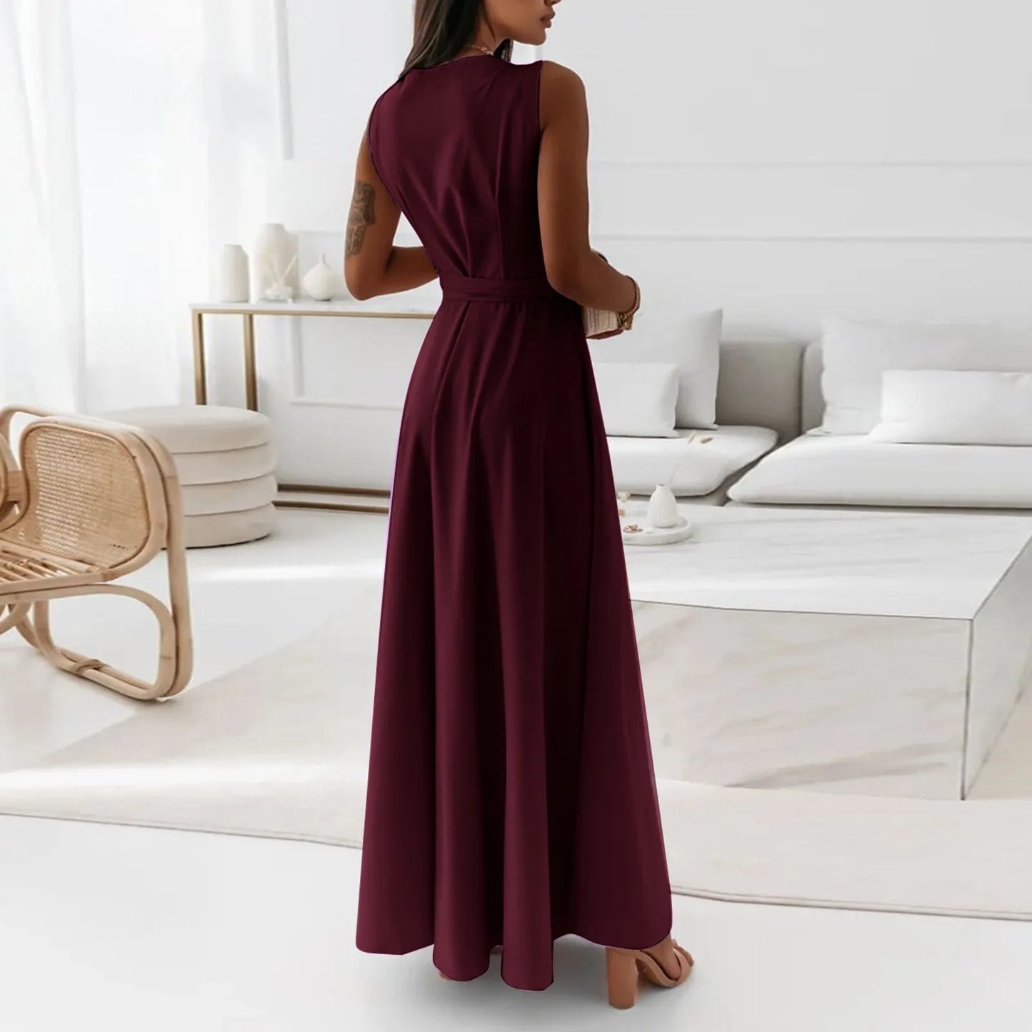 dresses for women elegant party dresses V-neck Sleeveless Belt Evening Dresses Solid Color Solid Color dress vestidos femenino