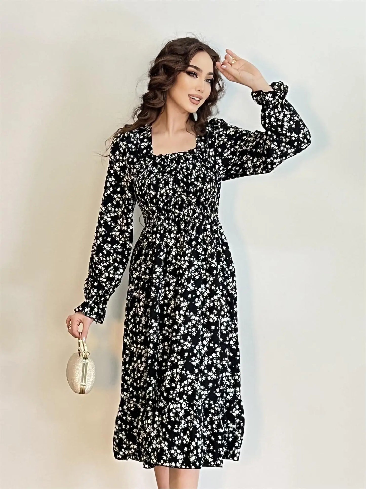 Autumn Spring Casual Dress Women Chiffon Dresses Long Sleeve A-line Printed Floral Elastic Chest Lace Up Midi Dresses Vestidos