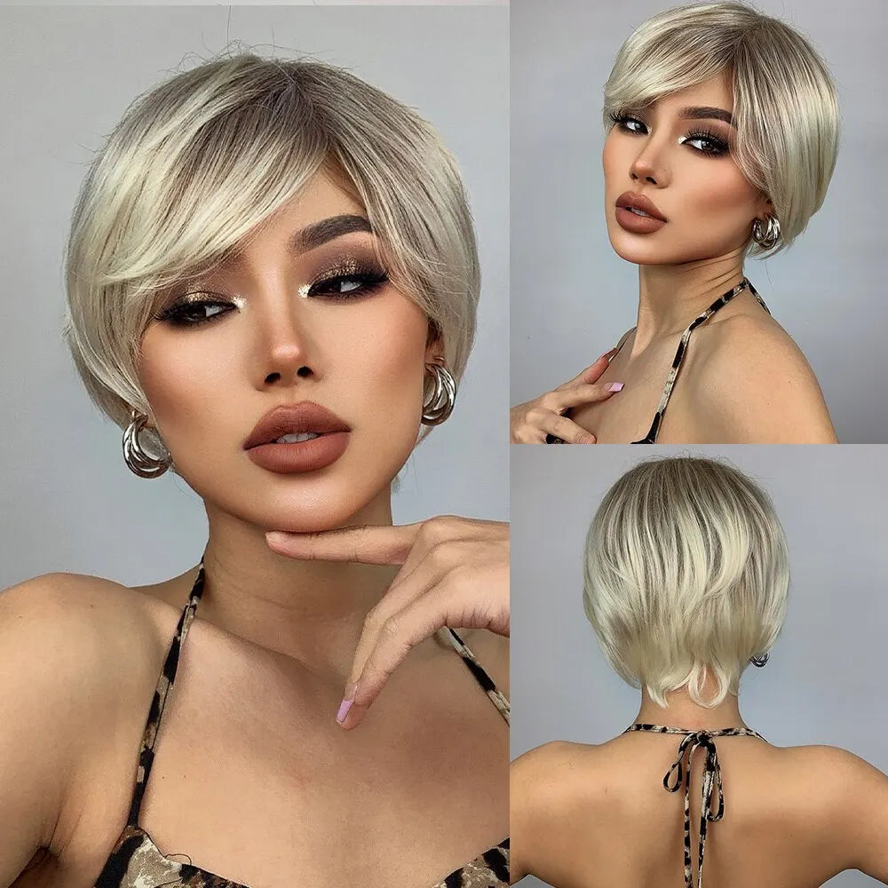 Short Pixie Cut Synthetic Wigs For Women Brown Mixed Blonde Wigs With Bangs Natural Looking Daily Use Hair Heat Resistant Fiber