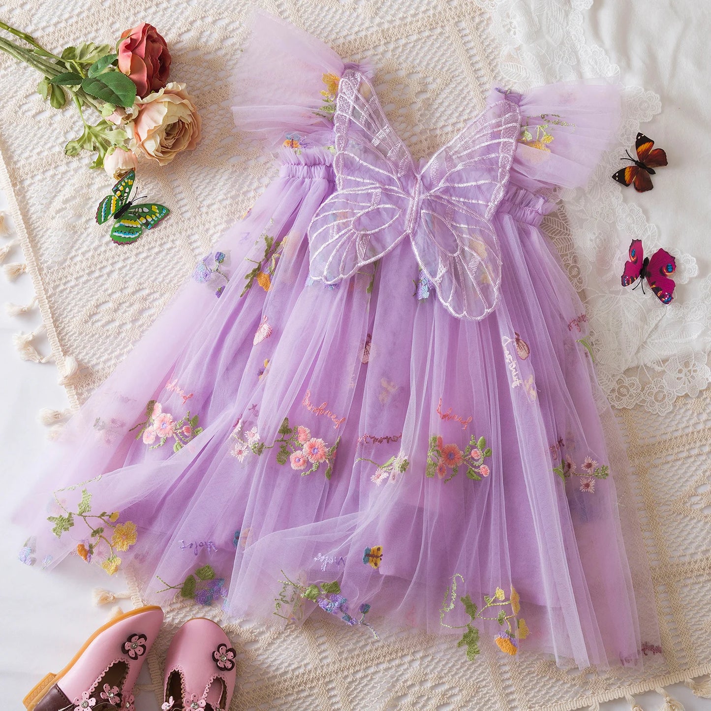 Baby Girls Dresses Princess Birthday Party Sweet Baby Girls Dresses Back Bow Wings Fairy Strap Embroidered Butterfly Mesh Dress