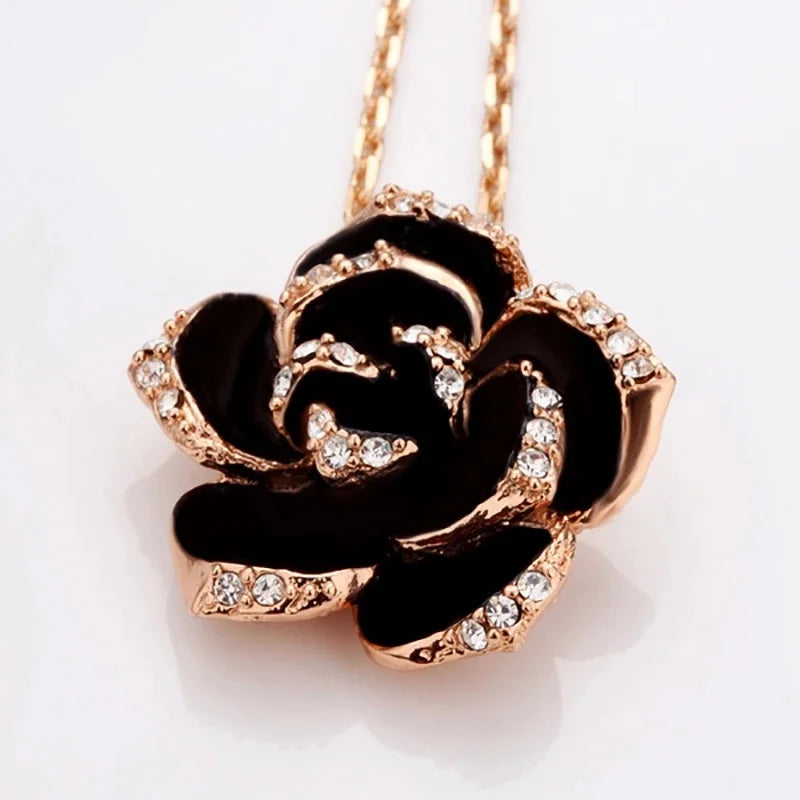 Fashion Rose Flower Enamel Jewelry Set Rose Gold Color Black Painting Bridal Jewelry Sets for Women Wedding