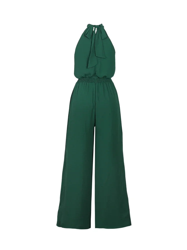 2025 Spring and Summer New Women's Casual Solid Colour Hanging Neck Sleeveless Wide-Leg Jumpsuit Best Choice for Summer