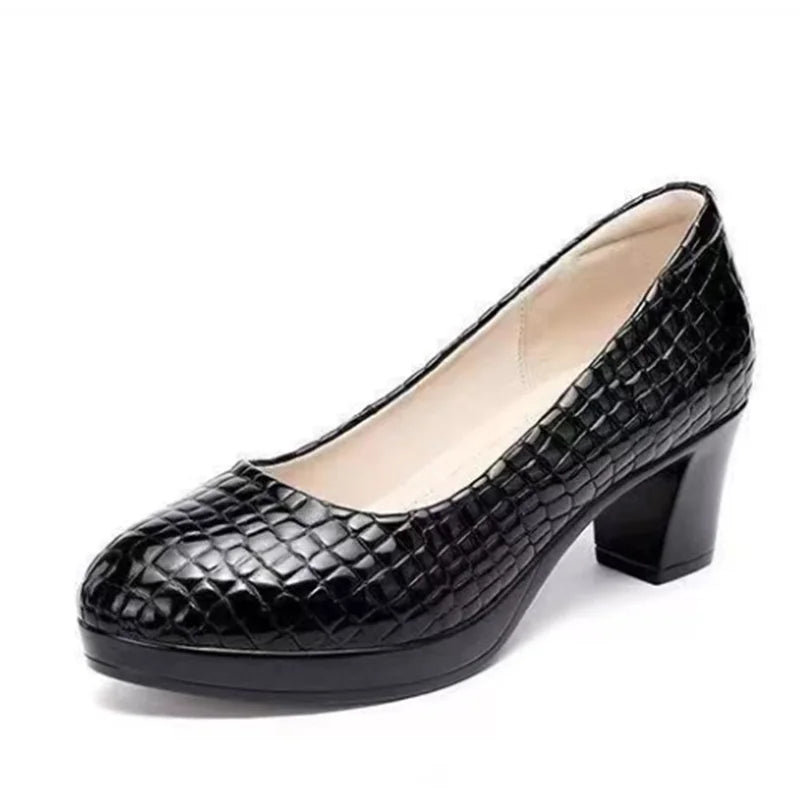 sapatos femininas women fashion round toe black plaid pattern slip on chick high heel shoes lady casual white work pumps a411