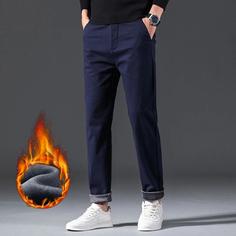 Winter Mens Clothing Warm Casual Pants 98% Cotton Fleece Straight Business Thicken Men Pants Stretch Classic Velvet Trousers