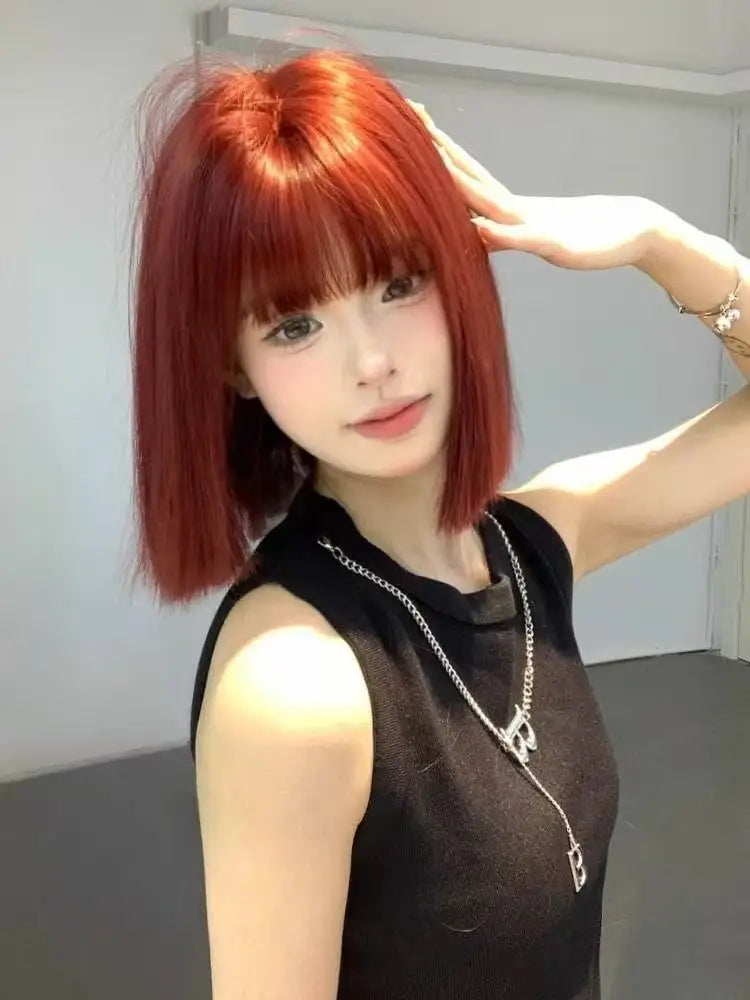 Wig Short Hair Female Internet Celebrity Short Hair Daily Lolita Natural Bangs Full Head Cover Black Red Supernatural Synthetic