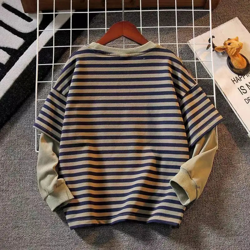 Kids Hoodies New Spring 2025 Striped Patchwork Fashion Korean Casual Baggy Simple Style