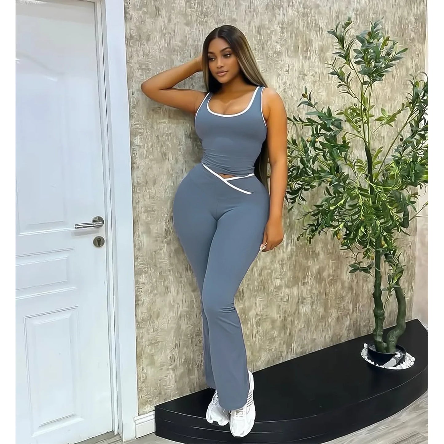 Active Wear Women 2 Piece Pants Set Sport Yoga Fitness Vest Flare Pants Outfits Summer Casual Jogging Two Piece Tracksuit