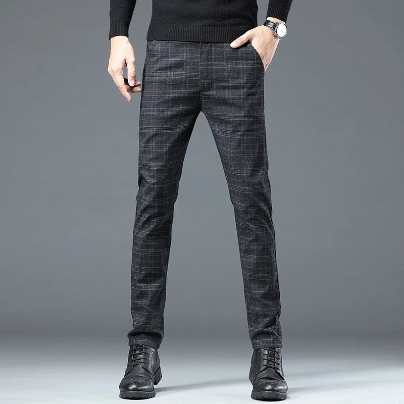 Spring Autumn Korea Business Men Pants Cotton Comfortable Elastic Plaid Casual Fashion Trousers Male Suit Pant