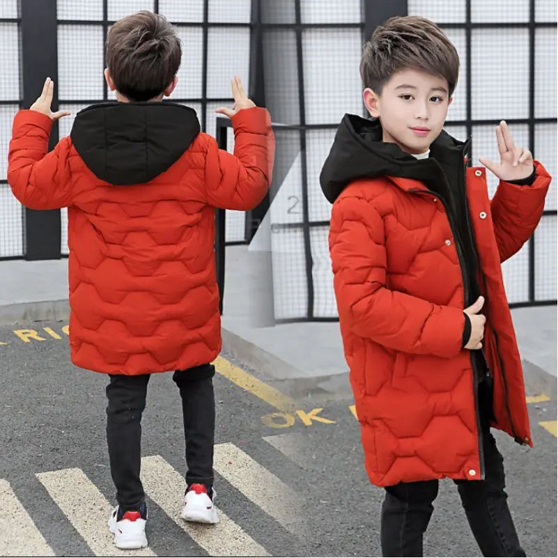 Children's down jacket new winter boys' and girls' Plush warm medium length jacket hooded large wool collar cotton padded jacket