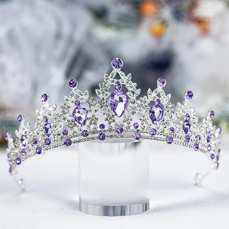 Luxury Silver Crown Necklace and Earring Set for Women, Purple Teardrop Tiara with Leaf Choker and Dangle Earrings, Wedding Prom