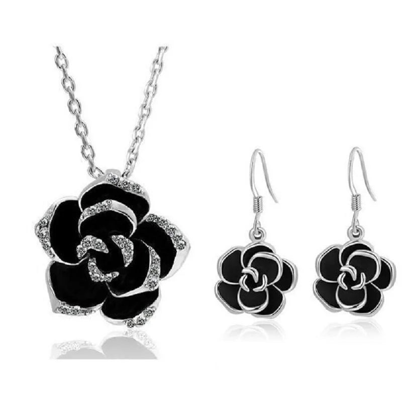Fashion Rose Flower Enamel Jewelry Set Rose Gold Color Black Painting Bridal Jewelry Sets for Women Wedding