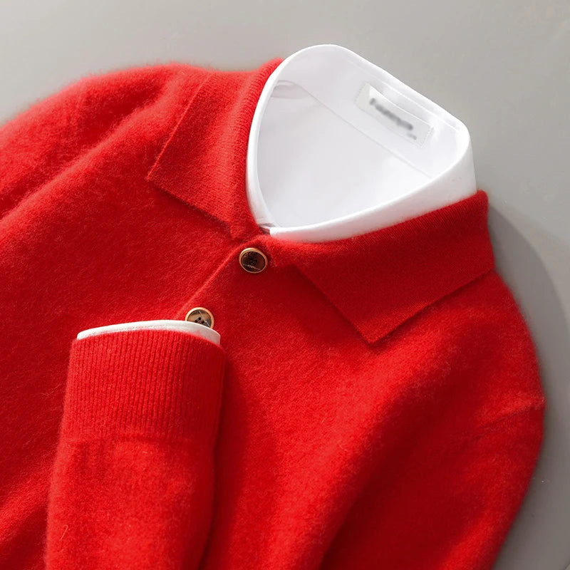 Autumn And Winter New 100 Pure Wool Sweater Men's POLO Collar Button Loose Pullover Sweater Cashmere Knitted Bottoming Shirt