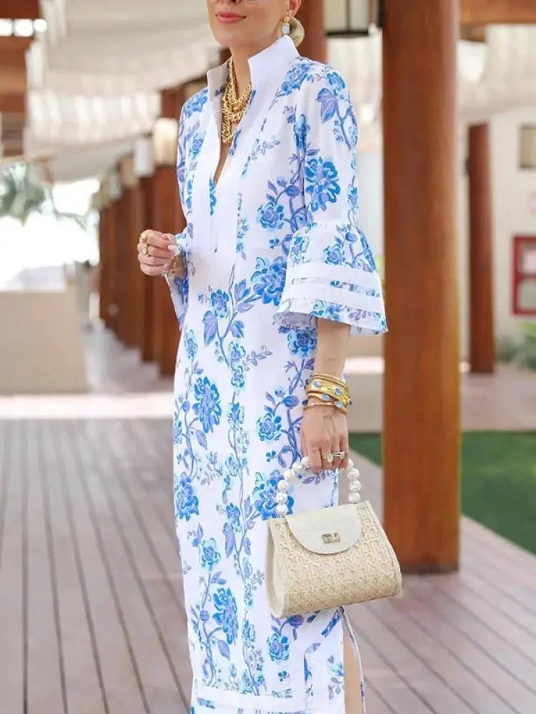 Yeezzi 2025 New Female Elegant Floral Printed Split-Side Party Evening Dresses Spring Summer Flared Sleeves V-Neck Banquet Dress