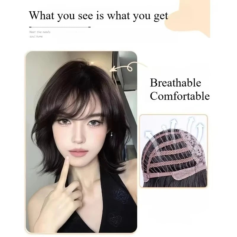 Wig Female Short Hair Natural Age Reduction Hair Tail Flanged Air Bangs Short Cosplay Wigs Synthetic Heat-resistant Fiber Wigs