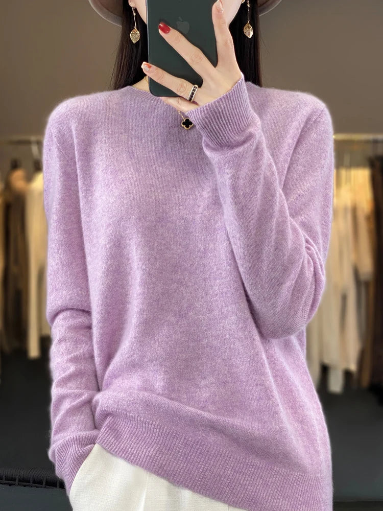 Autumn Winter Women Clothing Pullover New Fashion 100% Merino Wool Sweater Cashmere Tops Basic O-Neck Long Sleeve Knitwear
