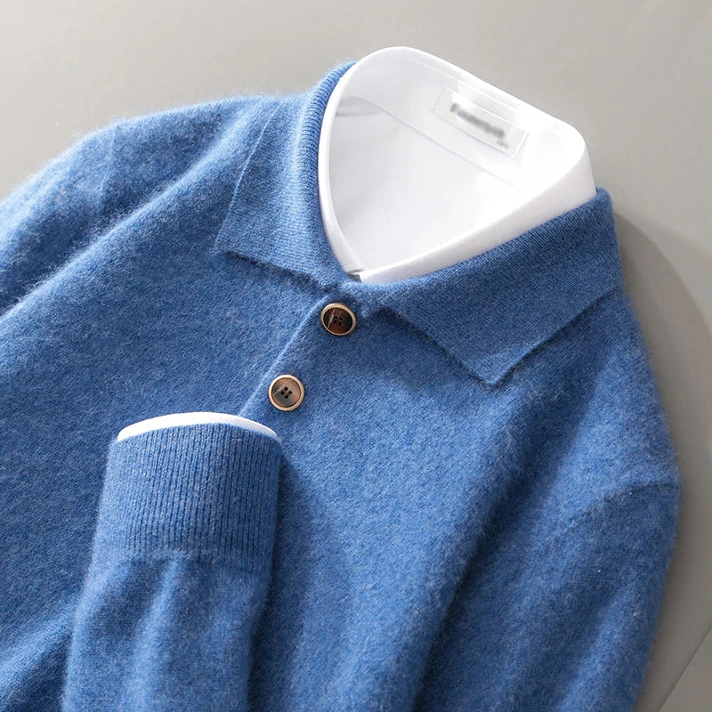 Autumn And Winter New 100 Pure Wool Sweater Men's POLO Collar Button Loose Pullover Sweater Cashmere Knitted Bottoming Shirt