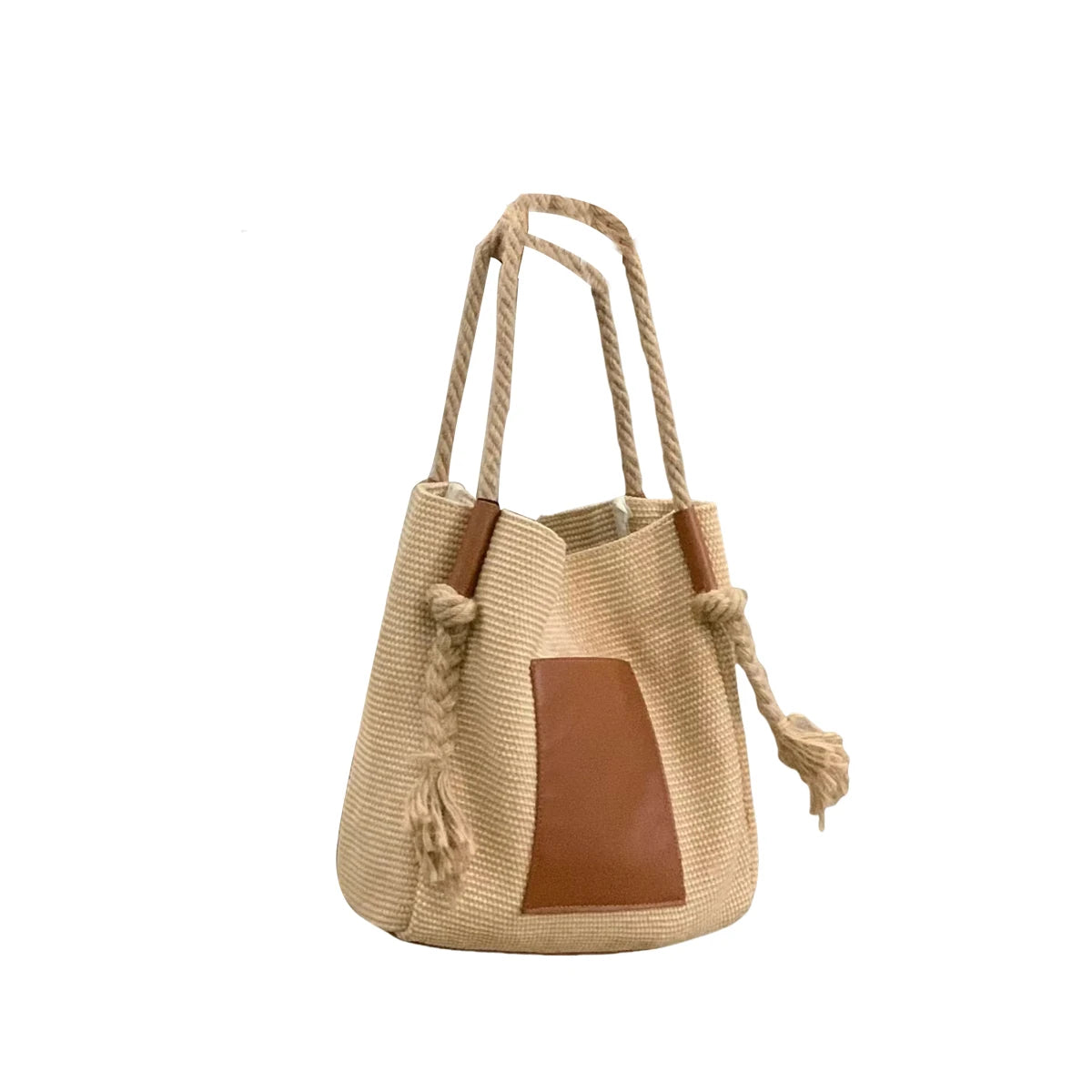 PU Leather Bucket Shoulder Bags for Women Woven Rope Hand Bag Female Large Handle Bag Purse