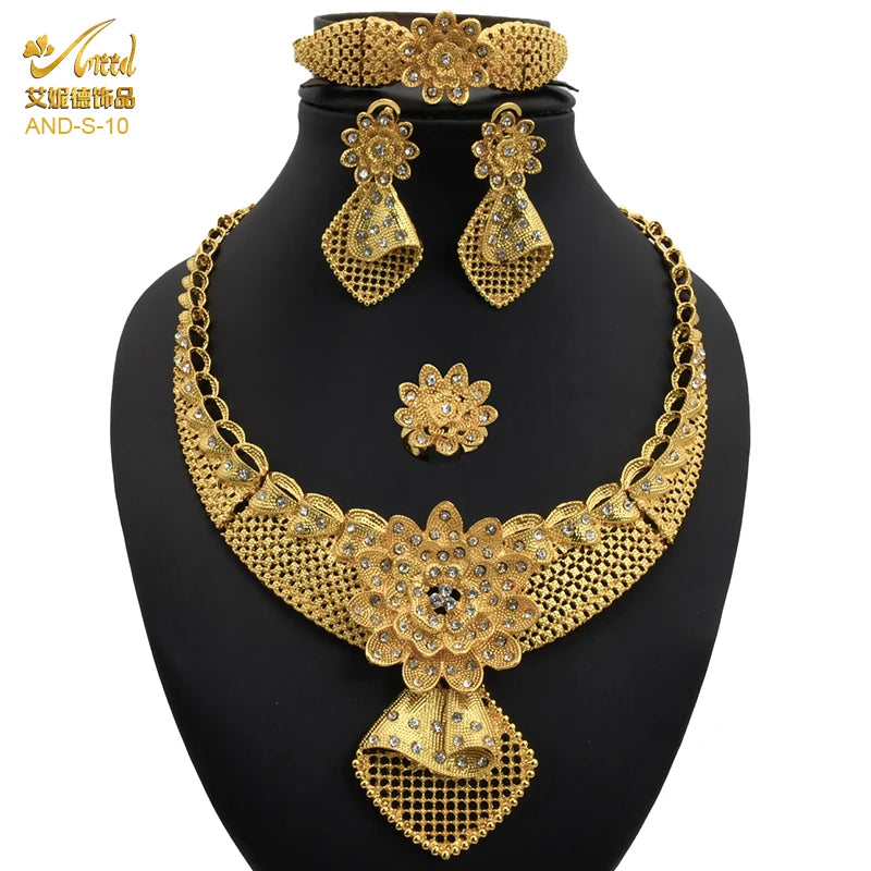 ANIID African Jewelery Sets Flower Earrings Choker Necklace Bracelet Hawaiian Indian Dubai Golden Jewelry For Women Accessories