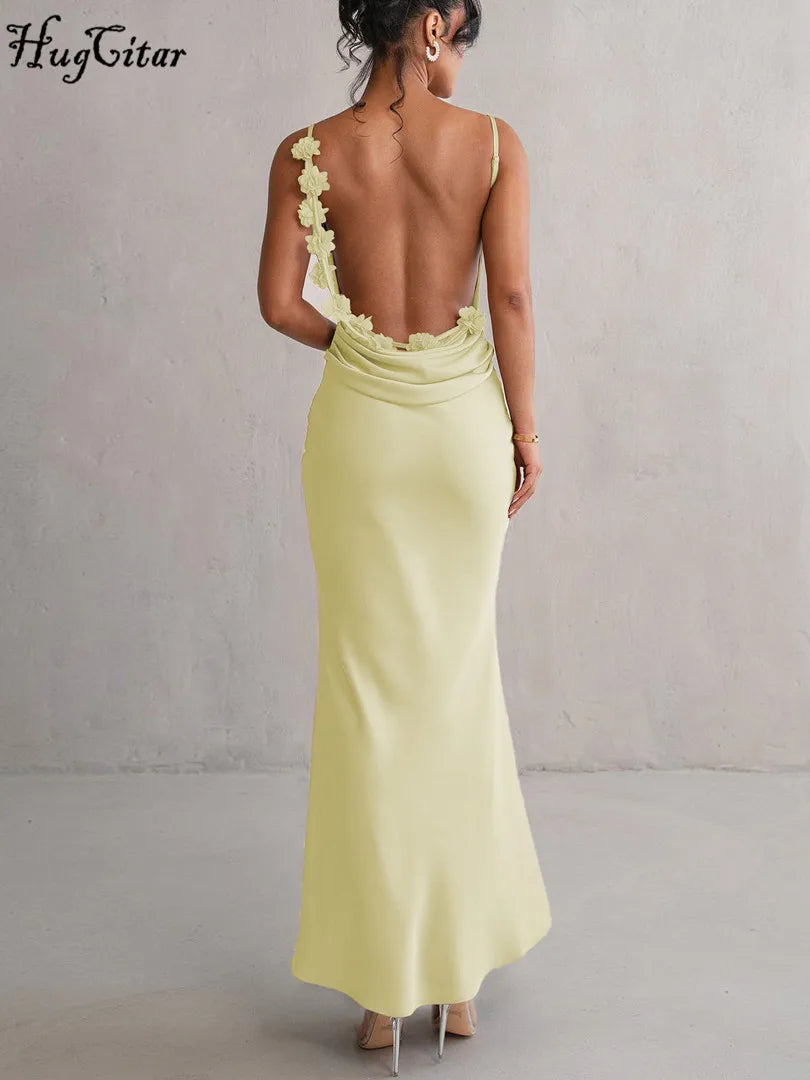 Hugcitar Elegant Satin Solid Slips Backless Tie Flowers Draped Sexy Slim Maxi Dress Spring Women Y2K Clothes Birthday Vacation