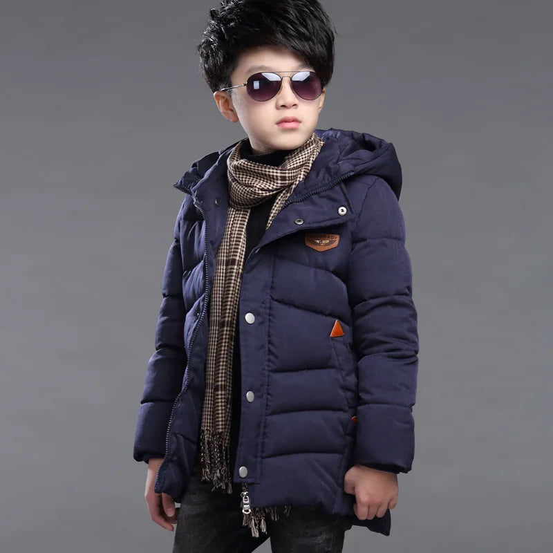 Children's down jacket new winter boys' and girls' Plush warm medium length jacket hooded large wool collar cotton padded jacket