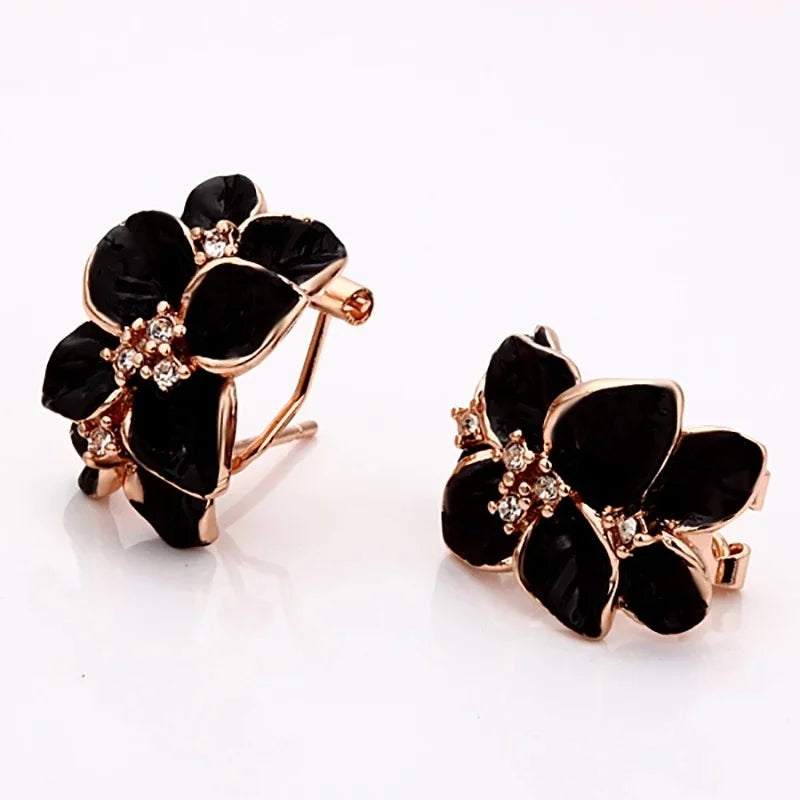 Fashion Rose Flower Enamel Jewelry Set Rose Gold Color Black Painting Bridal Jewelry Sets for Women Wedding
