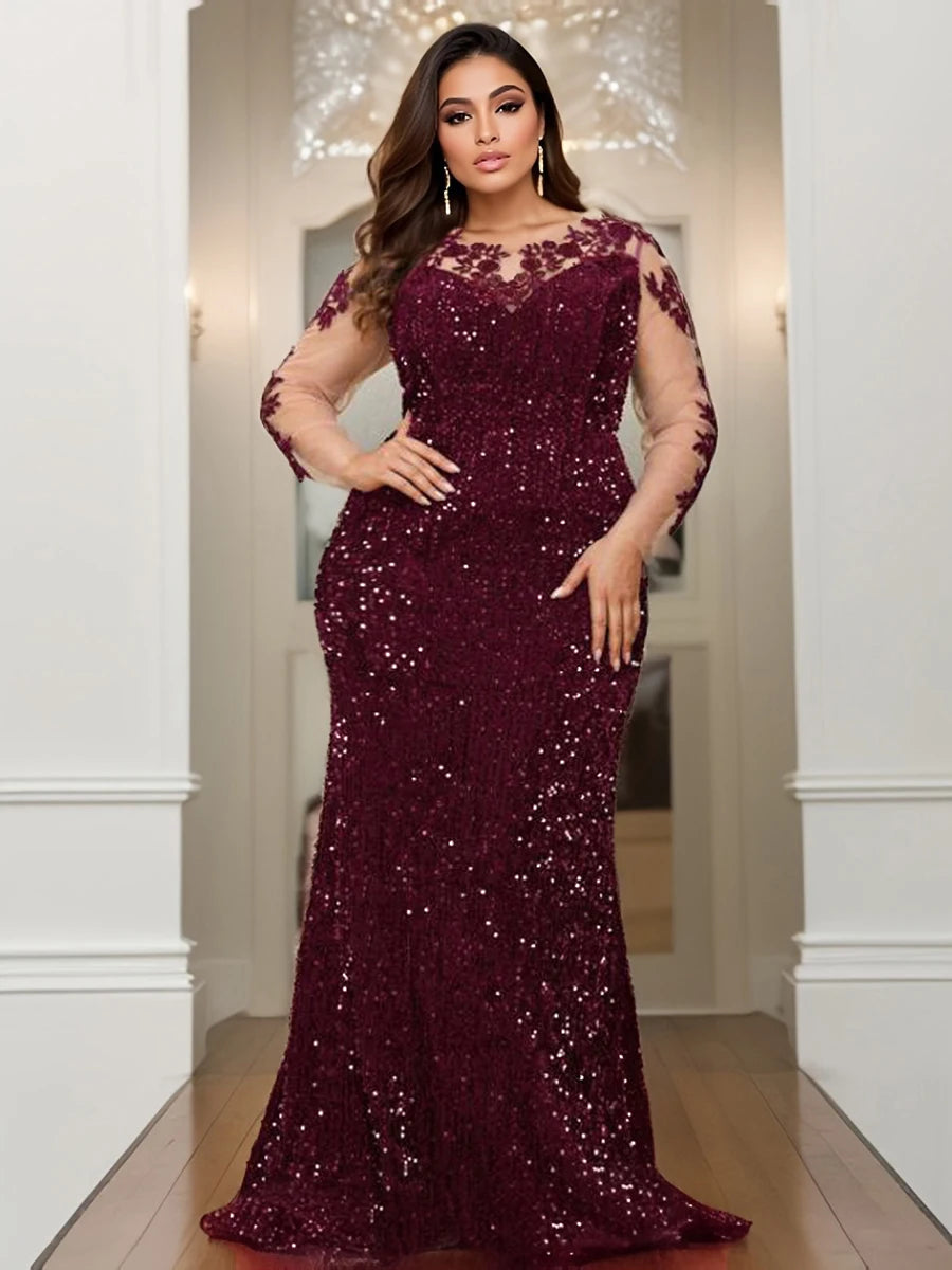 Curve Evening Party Long Dress Lace Patchwork Sequined Velvet Full Sleeved Hollow Out Maxi Prom Gown for Women