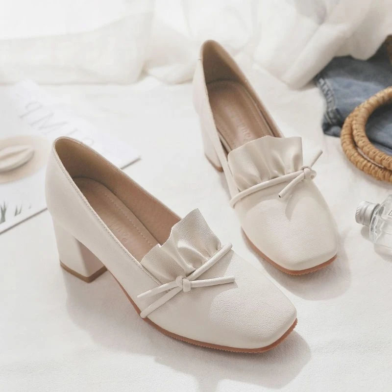 Women's Summer Footwear with Bow Shoes for Woman 2024 on Heeled High Heels Square Toe Pumps Casual 39 Comfortable and Elegant A
