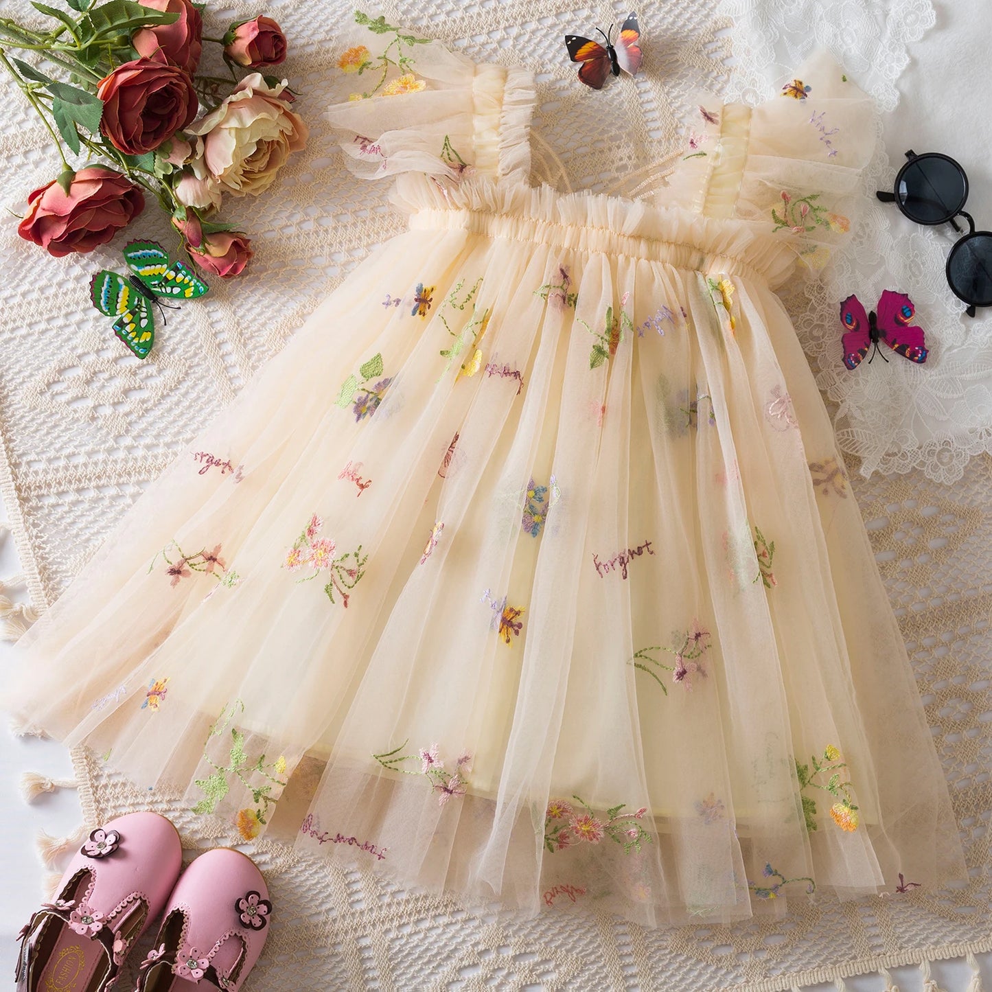 Baby Girls Dresses Princess Birthday Party Sweet Baby Girls Dresses Back Bow Wings Fairy Strap Embroidered Butterfly Mesh Dress