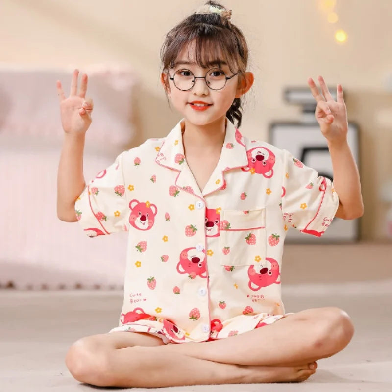 2pcs Sets Summer Children's Clothing Sets Cartoon Girls Sleepwear Thin Style Short Sleeves+shorts Kids Pajamas