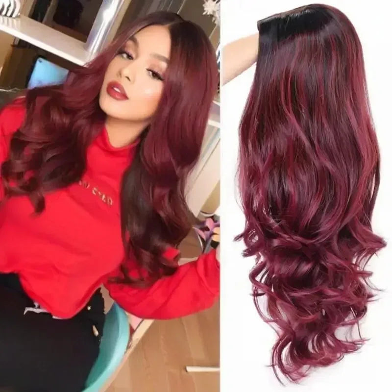 Long Wine Red Wavy Wig for Women 26 Inch Middle Part Curly Wavy Wigs Natural Looking Synthetic Black Wig for Daily Party Use