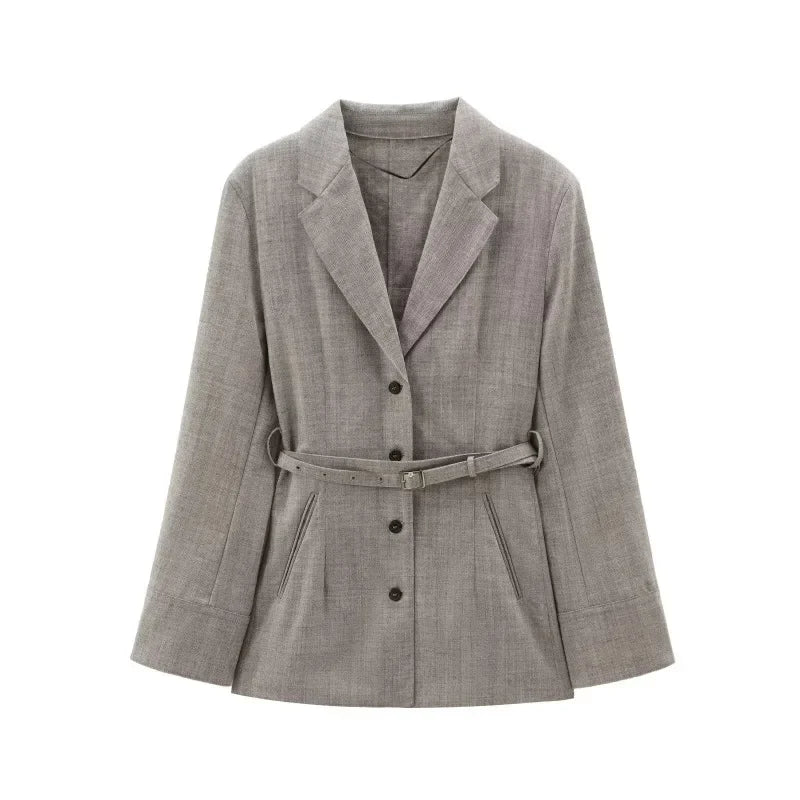ZBZA Women Loose Blazer with Belt Lapel Long Sleeve Single Breasted Solid Sleeve Button Casual Commuter Jacket Fall Winter Coat