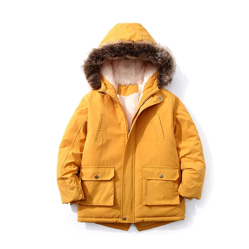 Children's down jacket new winter boys' and girls' Plush warm medium length jacket hooded large wool collar cotton padded jacket