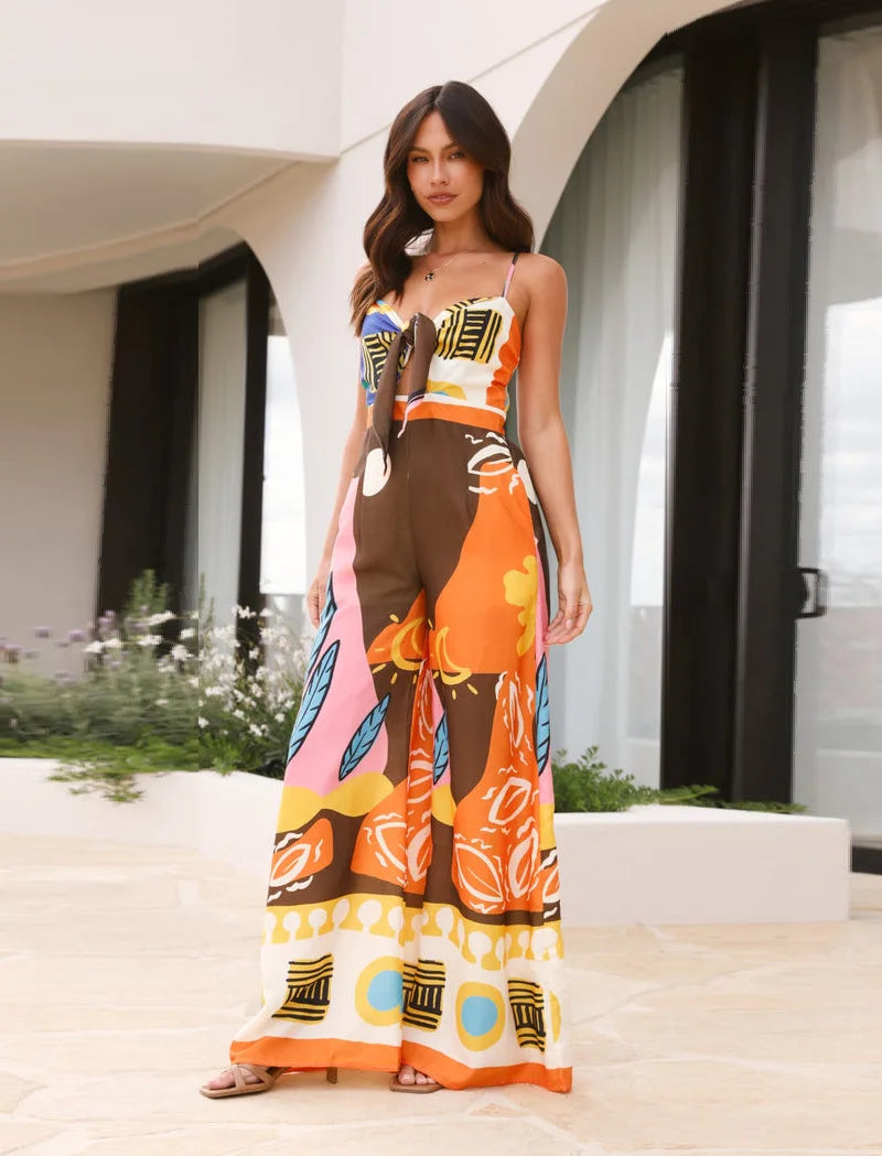 VEITCHE Summer Style Women Print Spaghetti Strap Jumpsuits Sexy Hollow Out Leace-up High Waist Wide Legs Bohemian Jumpsuit