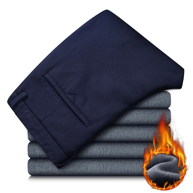 Winter Mens Clothing Warm Casual Pants 98% Cotton Fleece Straight Business Thicken Men Pants Stretch Classic Velvet Trousers