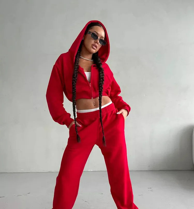 2025 New Women's Casual Long Sleeve Hooded Cropped Zip-Up Cardigan & Drawstring Sweatpants Two-Piece Active Lounge Set