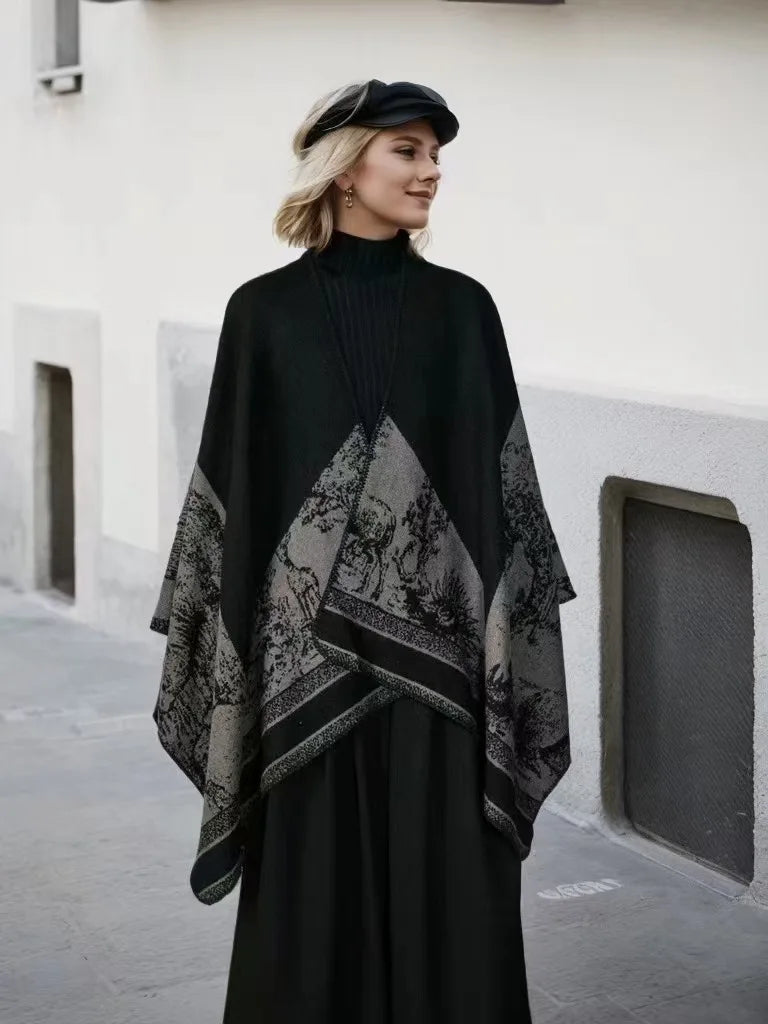 2024 Winter Women Faux Woolen Loose Tassel Shawl Capes Cashmere Wear Warm Thick Poncho Cardigan Lady Printed Plaid Blanket