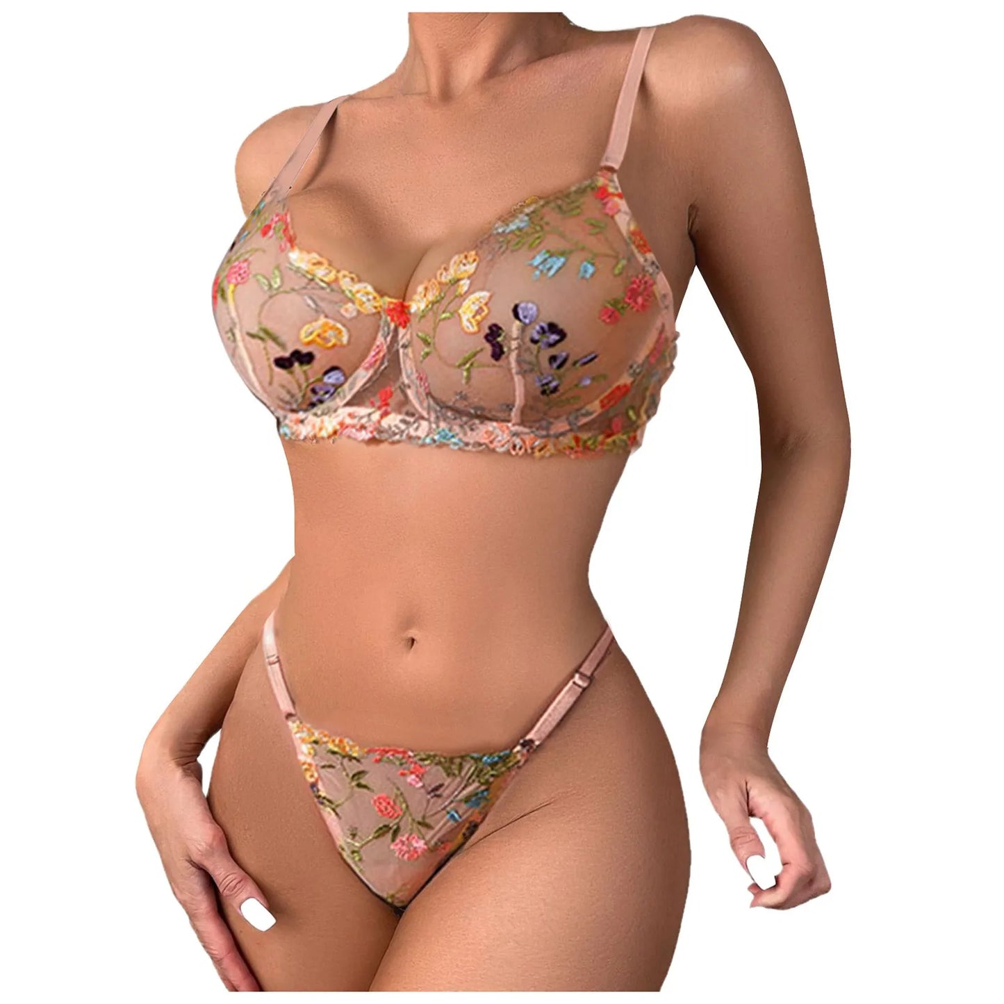 Women Underwire Lingerie Set Cute Push Up Strappy Embroidered Sheer Mesh Lingerie Set 2pcs Panty Bra Lingerie For Women LenceríA
