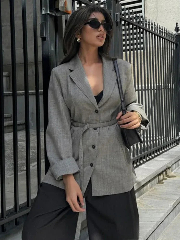 ZBZA Women Loose Blazer with Belt Lapel Long Sleeve Single Breasted Solid Sleeve Button Casual Commuter Jacket Fall Winter Coat