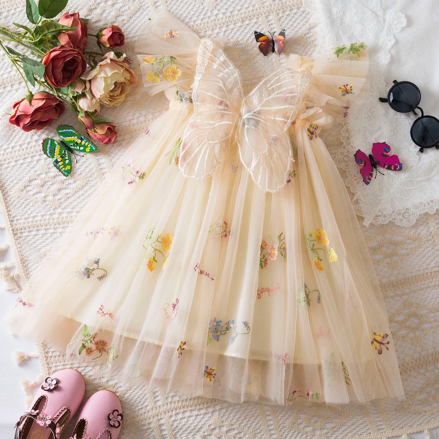 Baby Girls Dresses Princess Birthday Party Sweet Baby Girls Dresses Back Bow Wings Fairy Strap Embroidered Butterfly Mesh Dress