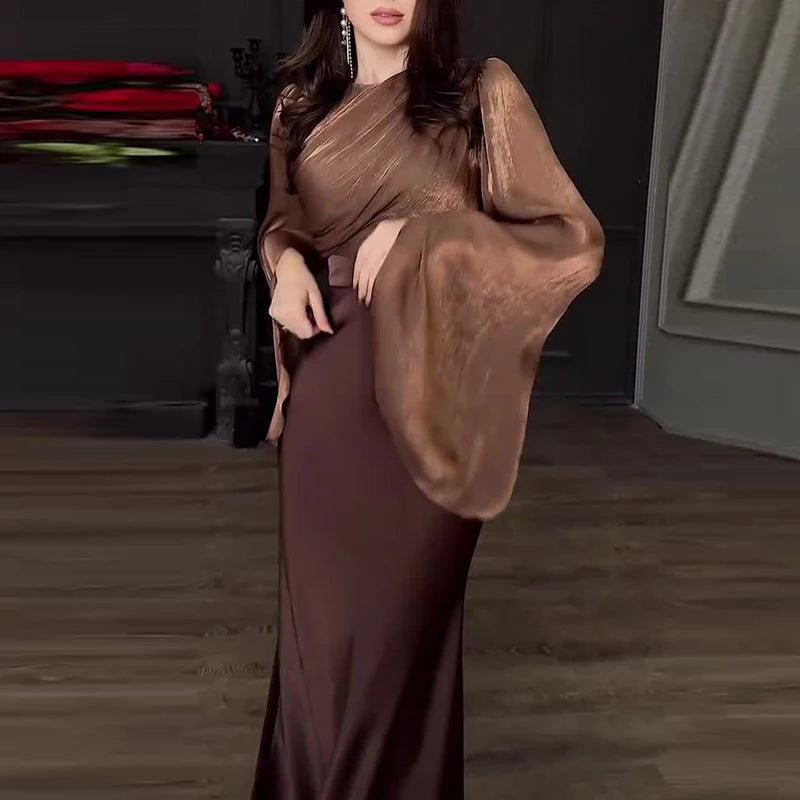 Women Fashion O-neck Hight Waist Long Dress Sexy Split Long Sleeve Solid Party Dress Elegant Mesh Patchwork Satin Evening Dress