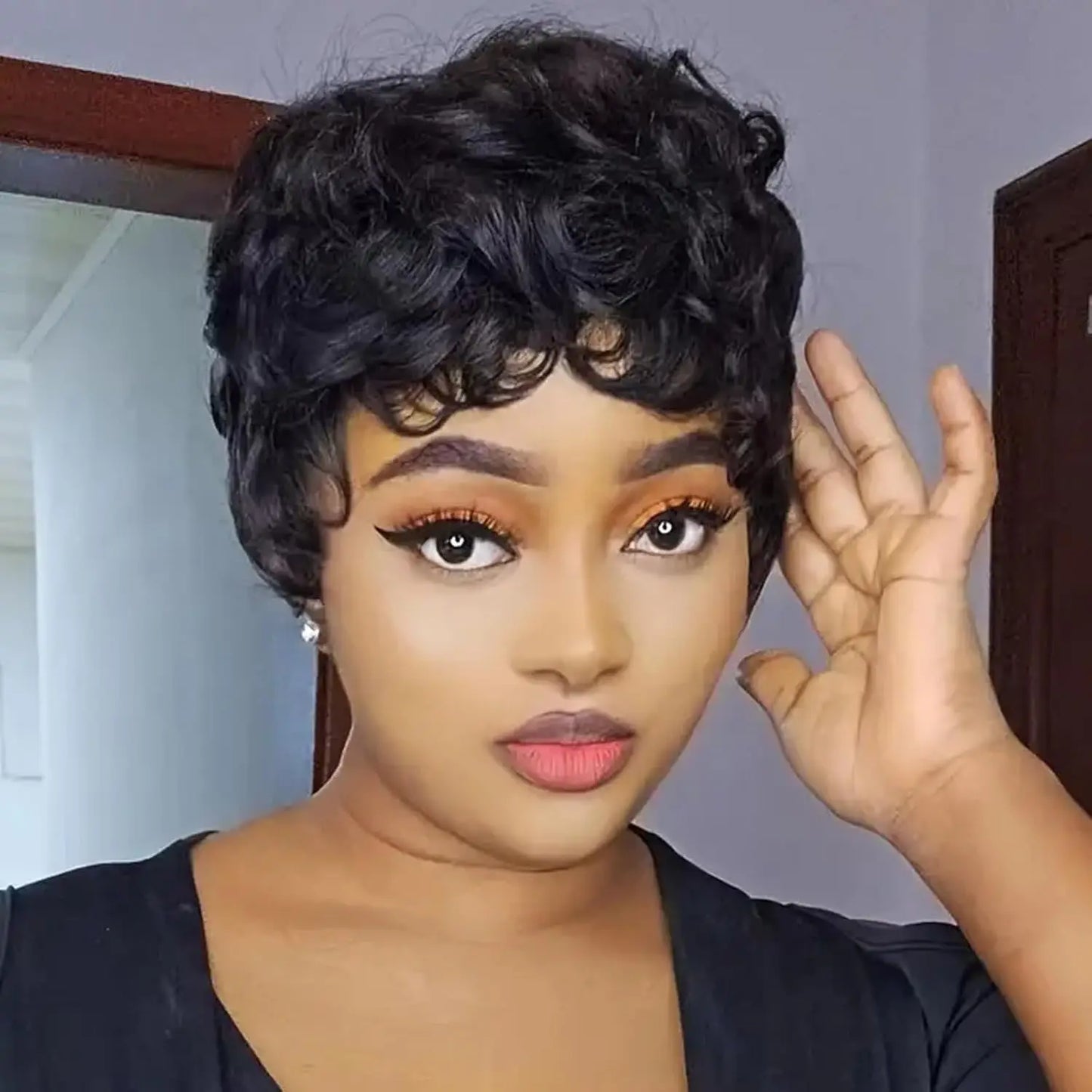 Short Curly Human Hair Wigs Perruques Humain Pour Femme Wig with Bangs Machine Pixie Cut Wig Afro Kinky Curly Wig Bob Wig