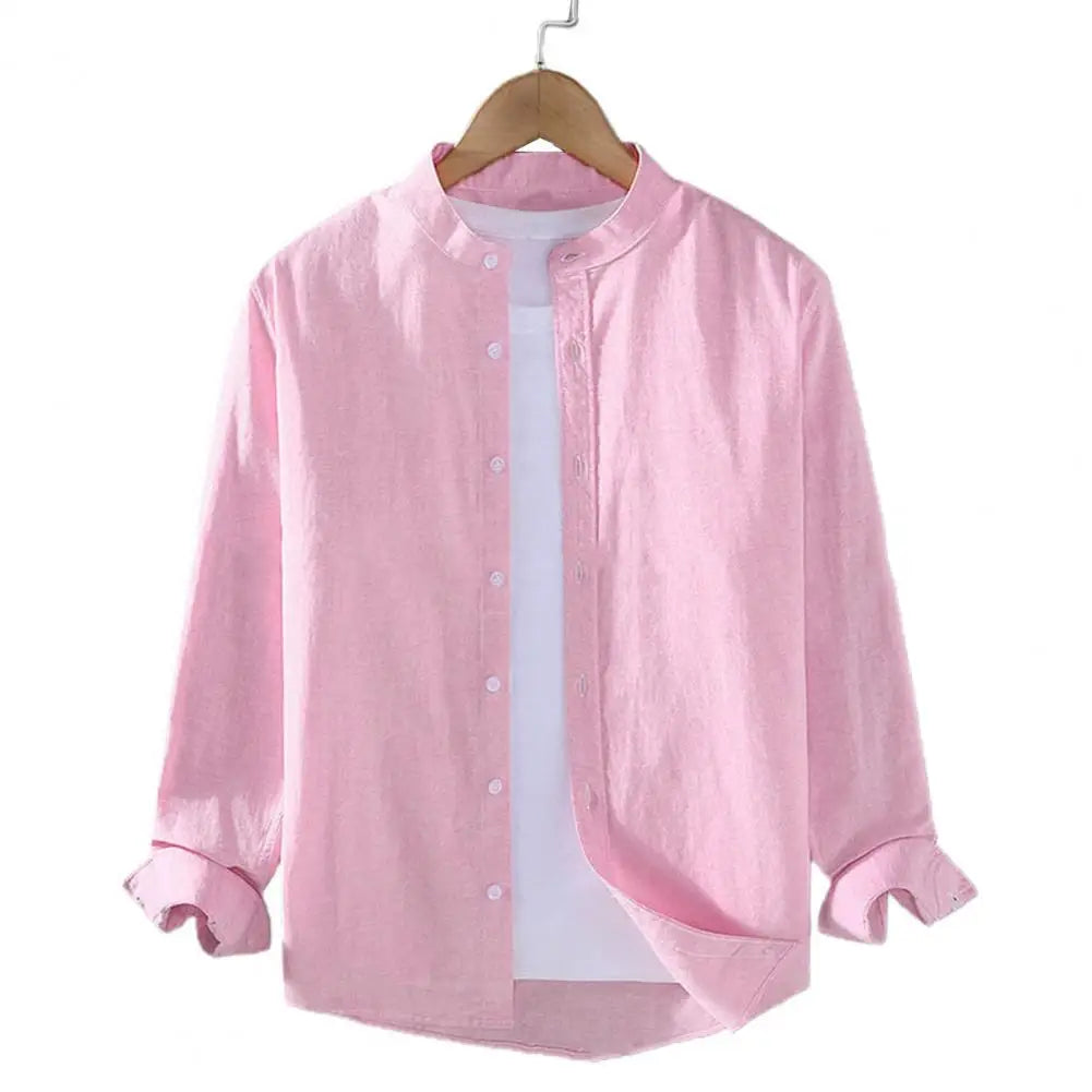 Men Shirt Men's Stand Collar Cardigan Shirt Solid Color Single-breasted Long Sleeves Soft Casual Coat for Fall Plus Size Mid