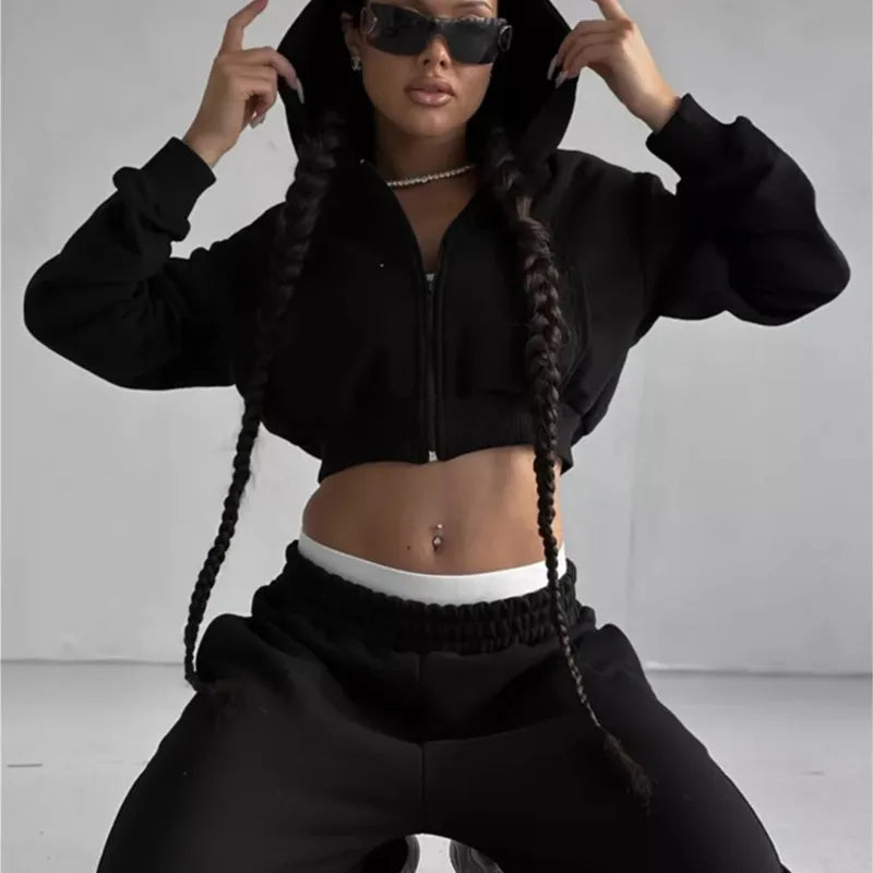 2025 New Women's Casual Long Sleeve Hooded Cropped Zip-Up Cardigan & Drawstring Sweatpants Two-Piece Active Lounge Set