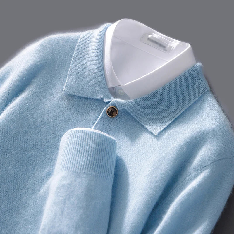 Autumn And Winter New 100 Pure Wool Sweater Men's POLO Collar Button Loose Pullover Sweater Cashmere Knitted Bottoming Shirt