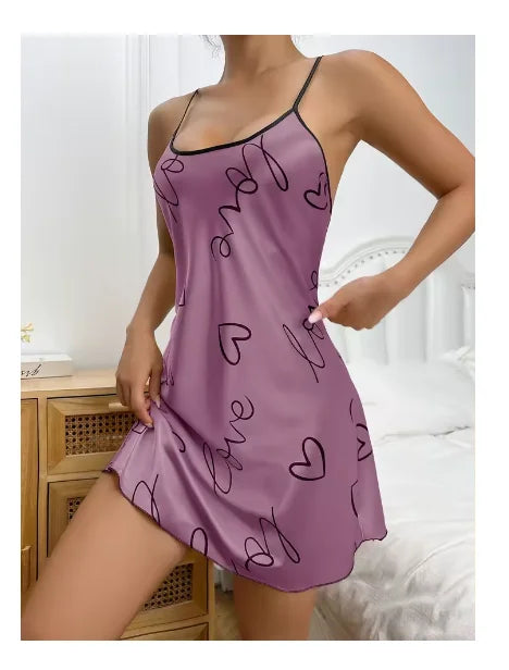 Sleepwear Women's Sexy Lingerie Heart Print Nightdress Scoop Neck Criss Cross Back Sleepdress Nightgowns Pajamas Nighties