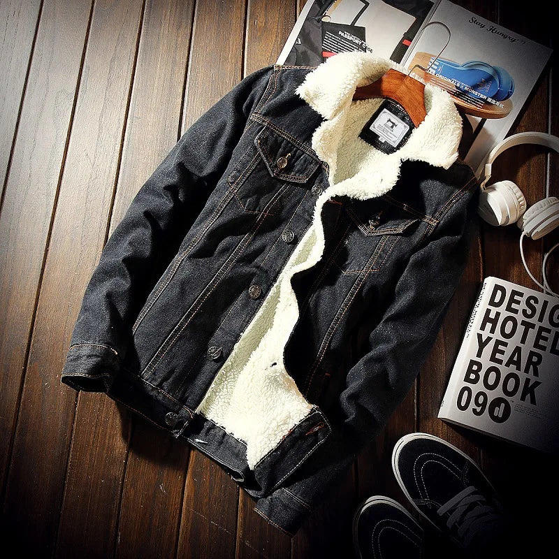 Winter New Men's Clothing Fashion Trend Fleece Denim Jackets Slim Fit Thick Collar Single Breasted Warm Casual Coats
