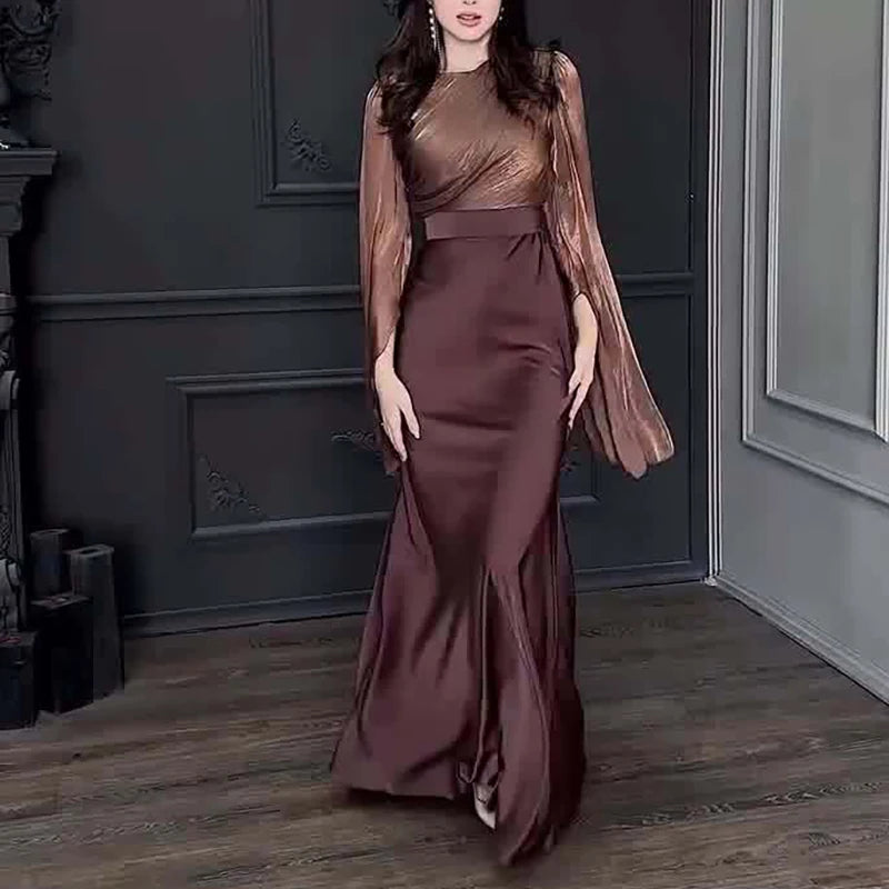 Women Fashion O-neck Hight Waist Long Dress Sexy Split Long Sleeve Solid Party Dress Elegant Mesh Patchwork Satin Evening Dress
